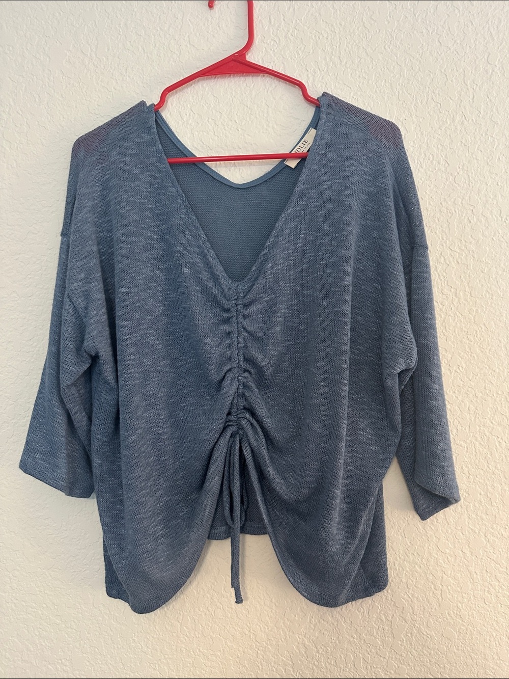 Women's Blue Ruched Drawstring V-Neck Sweater Top